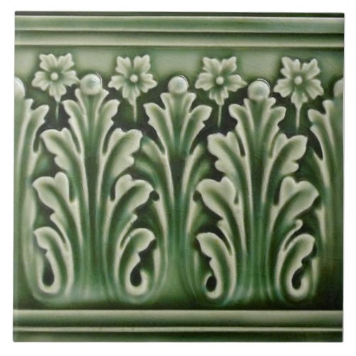 Antique Reproduction Green Acanthus Floral Border Ceramic Tile
