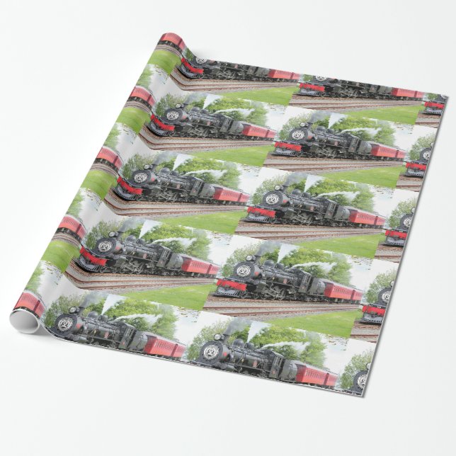 Antique Restored Red Black Steam Train Wrapping Paper (Unrolled)
