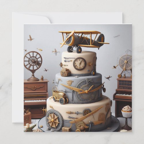 ANTIQUE RETRO AIRPLANE CAKE BIRTHDAY CARD