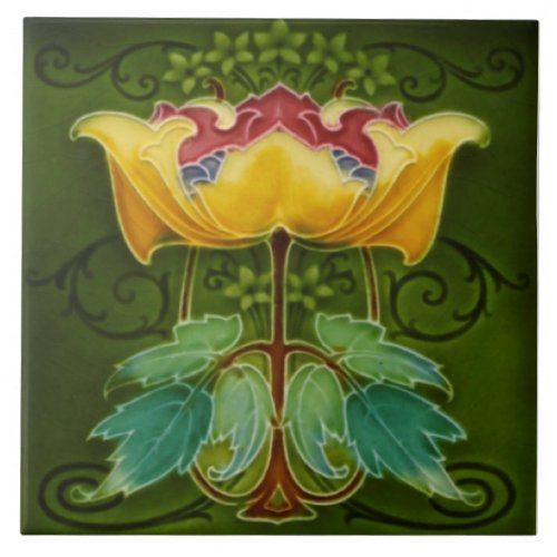 Antique Rhodes c1900 Art Nouveau Majolica Floral Ceramic Tile
