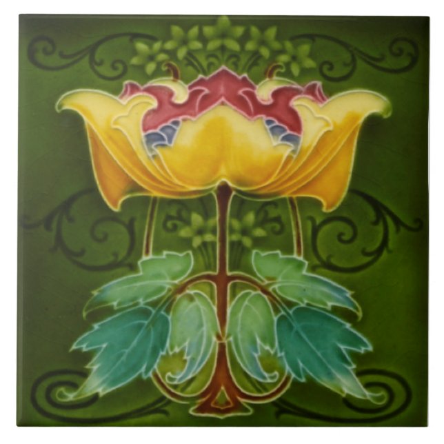 Antique Rhodes c1900 Art Nouveau Majolica Floral Ceramic Tile (Front)