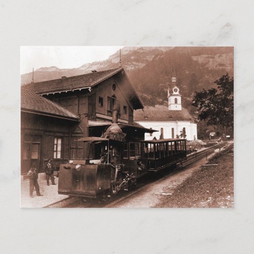 Antique Rigi Railroad mountain train station photo Postcard