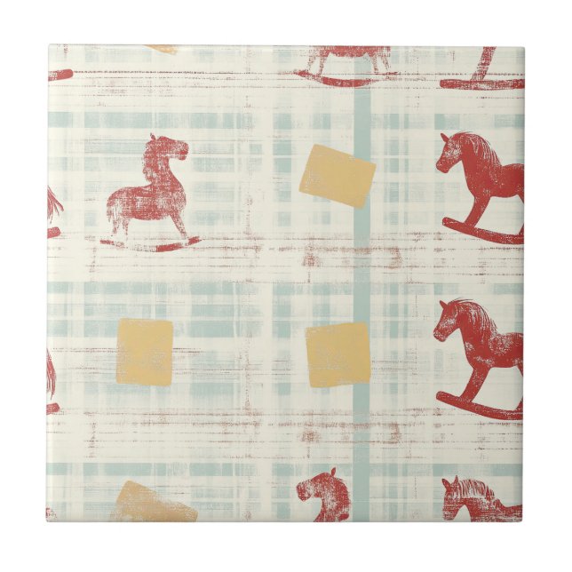 Antique Rocking Horse Teal Plaid Pattern Ceramic Tile (Front)