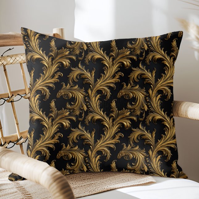 Antique Rococo Black Gold Baroque Throw Pillow (Antique Rococo Black Gold Baroque Throw Pillow)