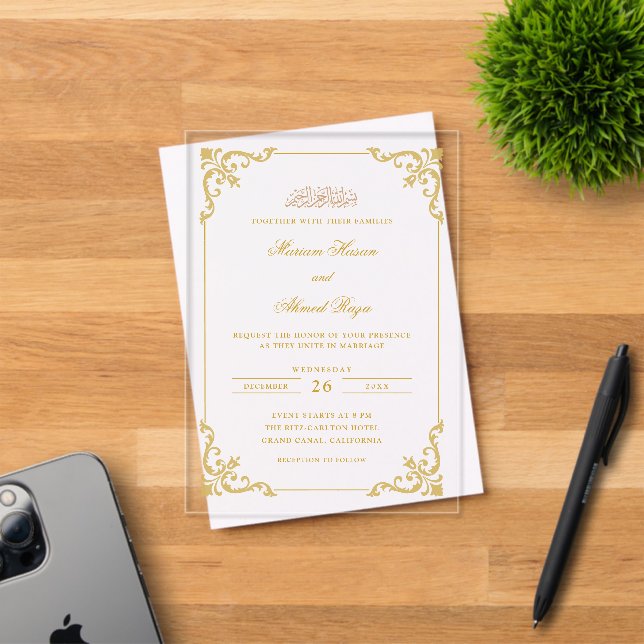 Antique Rococo Frame Gold Script Muslim Wedding Acrylic Invitations (Insitu (Invitation Card))