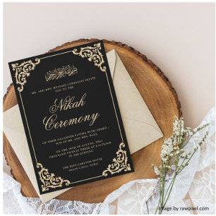 Antique Rococo Stylish Script Black Nikah Ceremony Invitation