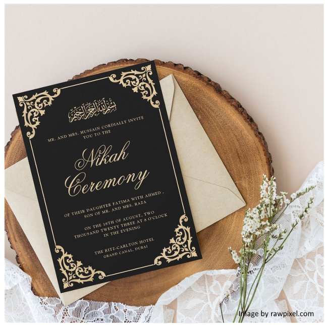 Antique Rococo Stylish Script Black Nikah Ceremony Invitation (Creator Uploaded)