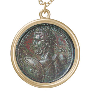 ANTIQUE ROMAN BRONZE MEDALLION SEPTIMUS SEVERUS GOLD PLATED NECKLACE