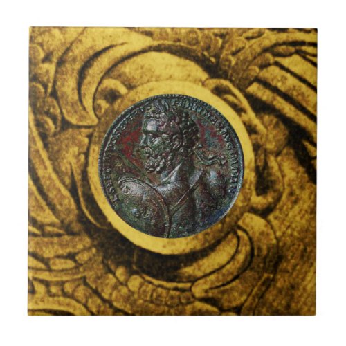 ANTIQUE ROMAN BRONZE MEDALLION WITH GOLD GRIFFINS CERAMIC TILE