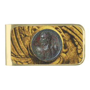 ANTIQUE ROMAN BRONZE MEDALLION WITH GOLD GRIFFINS GOLD FINISH MONEY CLIP