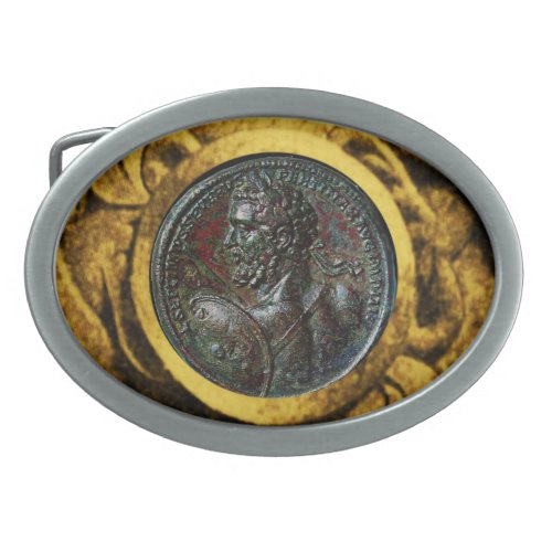 ANTIQUE ROMAN BRONZE MEDALLION WITH GOLD GRIFFINS OVAL BELT BUCKLE