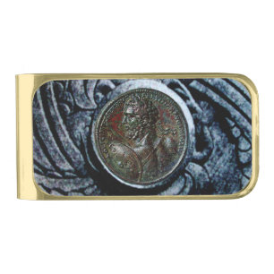 ANTIQUE ROMAN BRONZE MEDALLION WITH GRIFFINS GOLD FINISH MONEY CLIP
