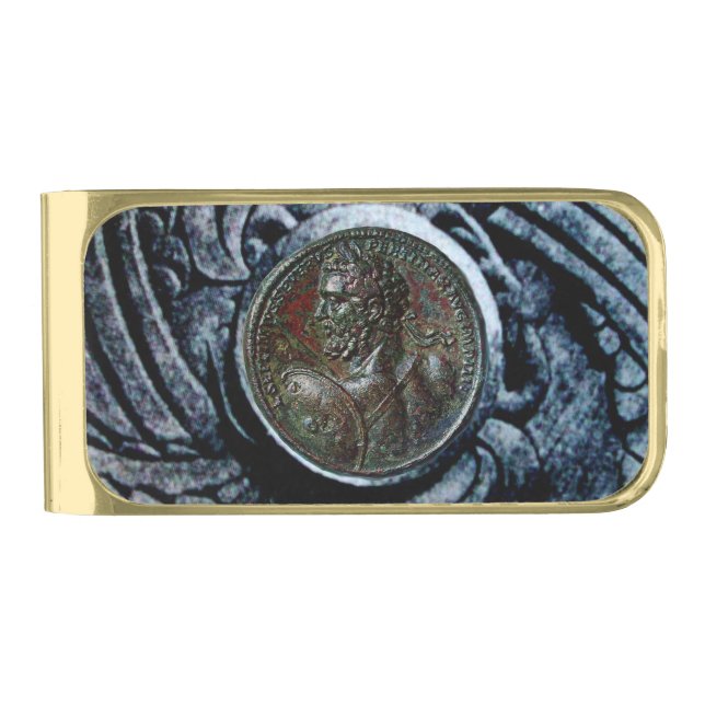 ANTIQUE ROMAN BRONZE MEDALLION WITH GRIFFINS GOLD FINISH MONEY CLIP (Front)