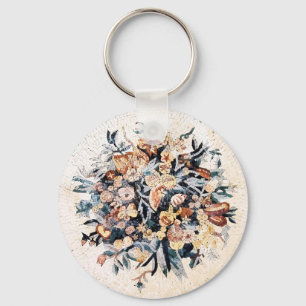 Antique Roman Italian Elegant Floral Mosaic Brown Keychain