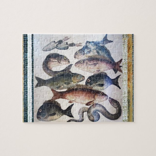 ANTIQUE ROMAN MOSAIC FISHES,OCEAN SEA LIFE SCENE JIGSAW PUZZLE (Horizontal)