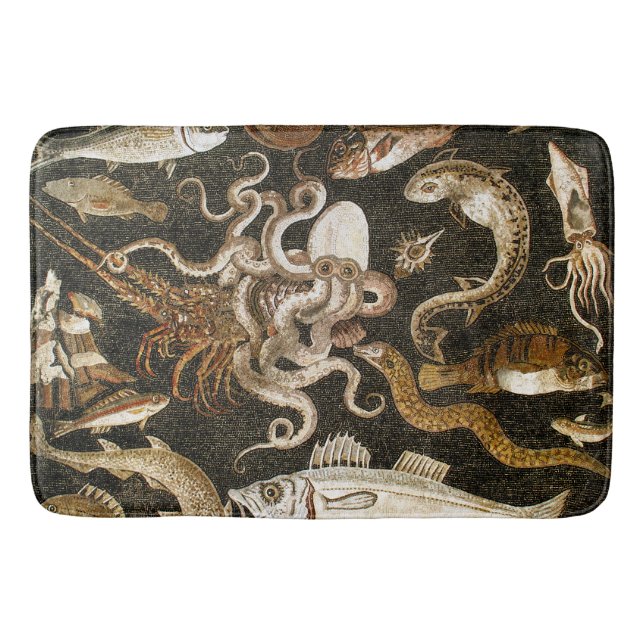 Antique Roman Mosaic Pompeii Sea Life Stone Mosaic Bath Mat (Front)