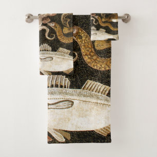Antique Roman Mosaic Pompeii Sea Life Stone Mosaic Bath Towel Set