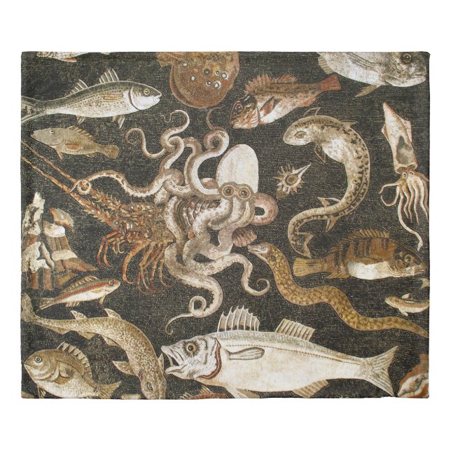 Antique Roman Mosaic Pompeii Sea Life Stone Mosaic Duvet Cover (Front)