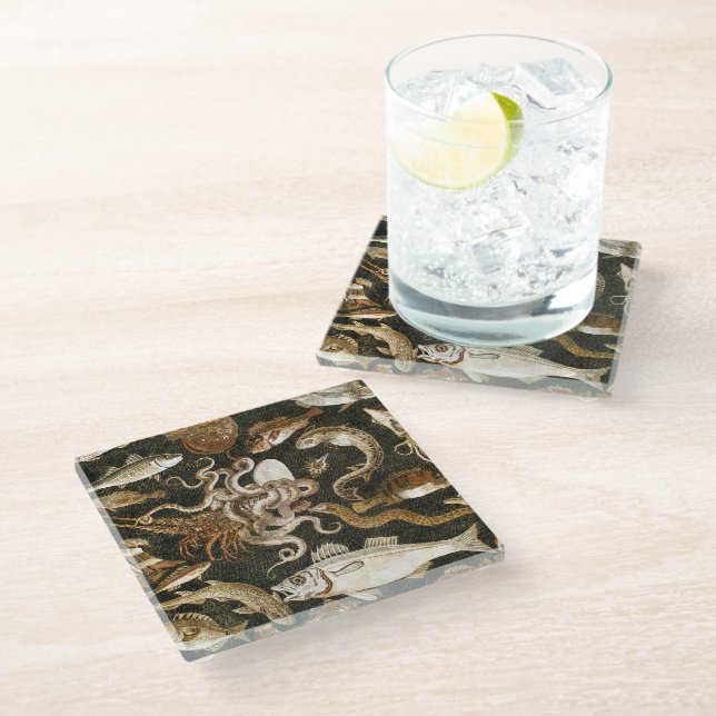 Antique Roman Mosaic Pompeii Sea Life Stone Mosaic Glass Coaster (Angled)