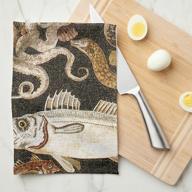 Antique Roman Mosaic Pompeii Sea Life Stone Mosaic Kitchen Towel (Quarter Fold)