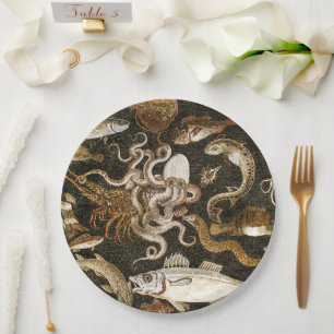 Antique Roman Mosaic Pompeii Sea Life Stone Mosaic Paper Plates