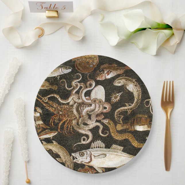 Antique Roman Mosaic Pompeii Sea Life Stone Mosaic Paper Plates (Wedding)