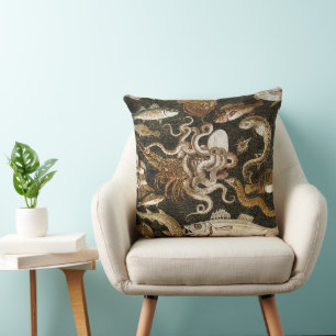 Antique Roman Mosaic Pompeii Sea Life Stone Mosaic Throw Pillow