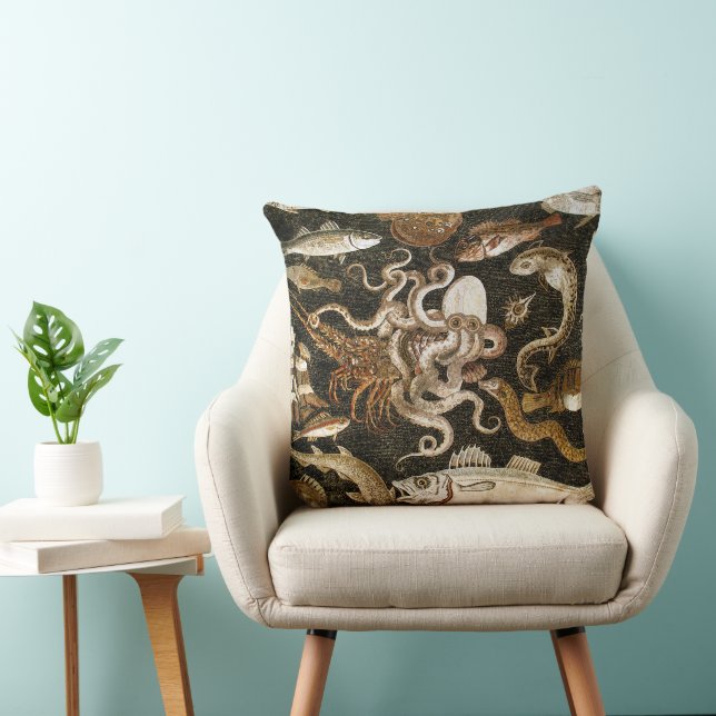 Antique Roman Mosaic Pompeii Sea Life Stone Mosaic Throw Pillow (Chair)