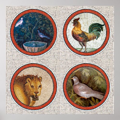 ANTIQUE ROMAN MOSAICS BIRDS ROOSTER AND LION POSTER