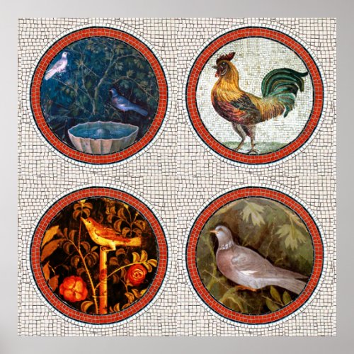 ANTIQUE ROMAN MOSAICS  BIRDS ROSES AND ROOSTER POSTER