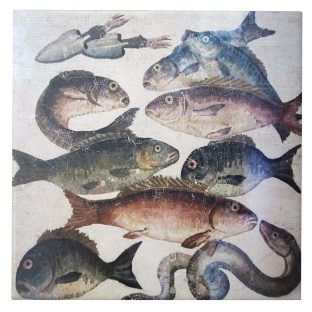 ANTIQUE ROMAN MOSAICS, FISHES,OCEAN SEA LIFE SCENE CERAMIC TILE (Front)