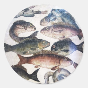 ANTIQUE ROMAN MOSAICS, FISHES,OCEAN SEA LIFE SCENE CLASSIC ROUND STICKER