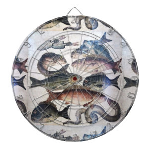 ANTIQUE ROMAN MOSAICS, FISHES,OCEAN SEA LIFE SCENE DARTBOARD WITH DARTS