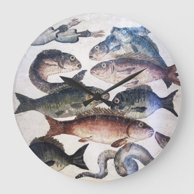 ANTIQUE ROMAN MOSAICS, FISHES,OCEAN SEA LIFE SCENE LARGE CLOCK (Front)