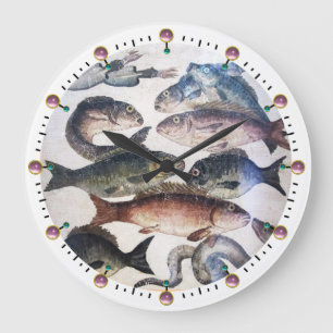 ANTIQUE ROMAN MOSAICS, FISHES,OCEAN SEA LIFE SCENE LARGE CLOCK