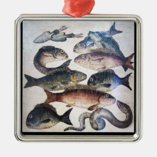 ANTIQUE ROMAN MOSAICS, FISHES,OCEAN SEA LIFE SCENE METAL ORNAMENT