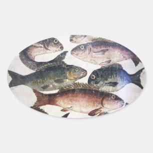 ANTIQUE ROMAN MOSAICS, FISHES,OCEAN SEA LIFE SCENE OVAL STICKER