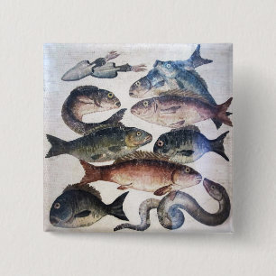ANTIQUE ROMAN MOSAICS, FISHES,OCEAN SEA LIFE SCENE PINBACK BUTTON