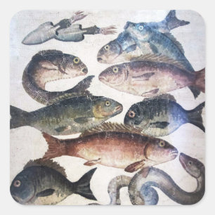 ANTIQUE ROMAN MOSAICS, FISHES,OCEAN SEA LIFE SCENE SQUARE STICKER