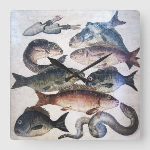 ANTIQUE ROMAN MOSAICS, FISHES,OCEAN SEA LIFE SCENE SQUARE WALL CLOCK