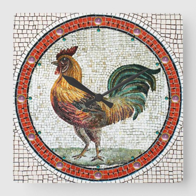 ANTIQUE ROMAN MOSAICS / ROOSTER SQUARE WALL CLOCK (Front)