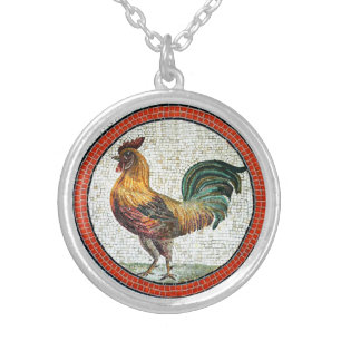 ANTIQUE ROMAN MOSAICS / ROOSTERS SILVER PLATED NECKLACE