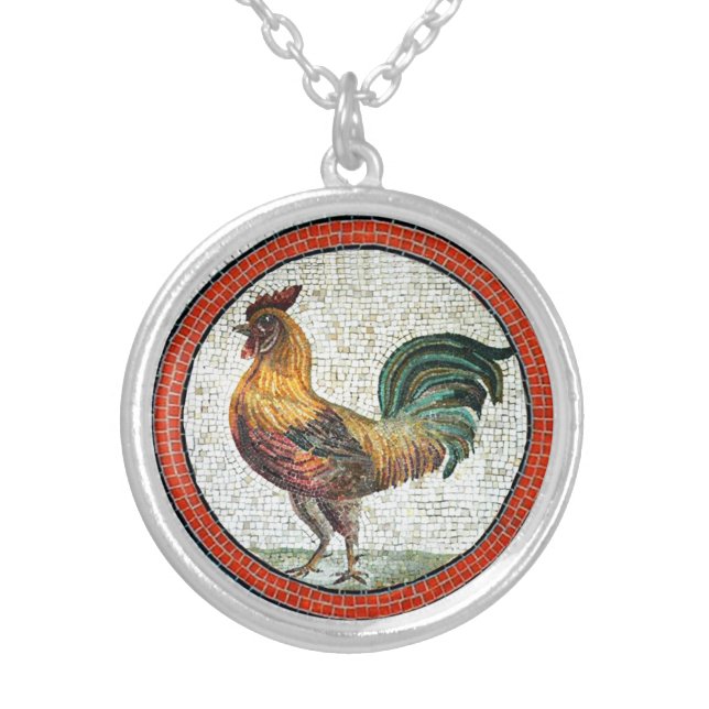 ANTIQUE ROMAN MOSAICS / ROOSTERS SILVER PLATED NECKLACE (Front)