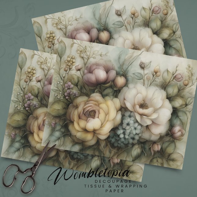 Antique Romantic Florals in Yellow Blue Decoupage  Tissue Paper (Creator Uploaded)