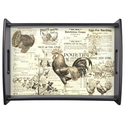 Antique Rooster Horticulture Ads Ephemera Beige Serving Tray