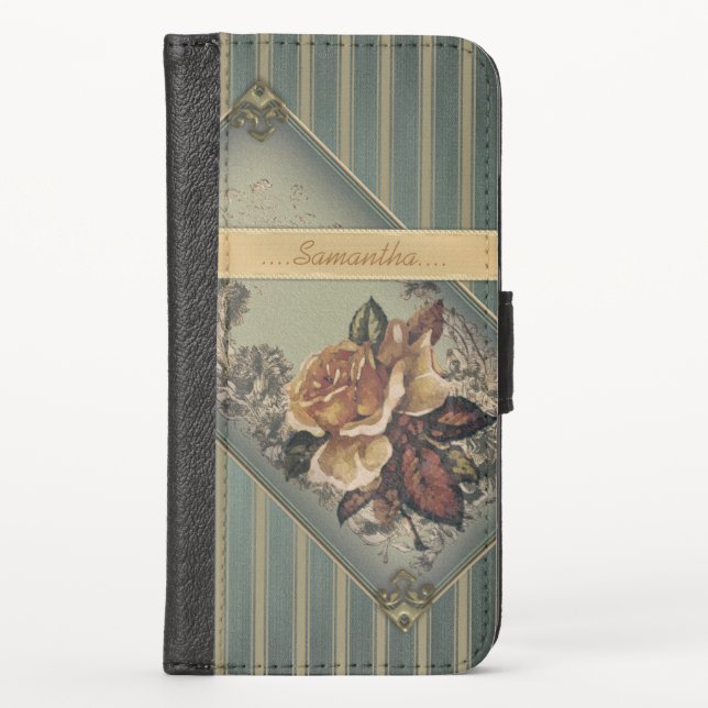 Antique Rose (blue) Personalized iPhone Wallet Case (Front)