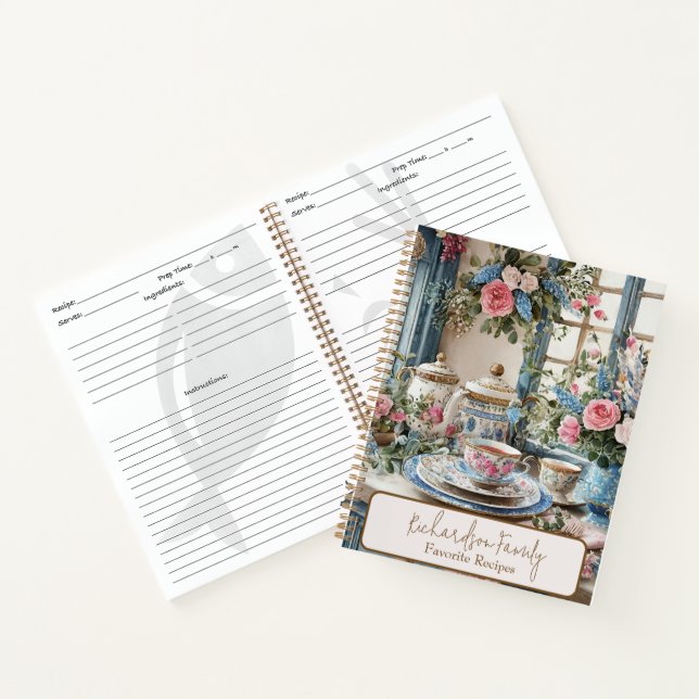 Antique rose dishes personalized family recipe notebook (Inside)