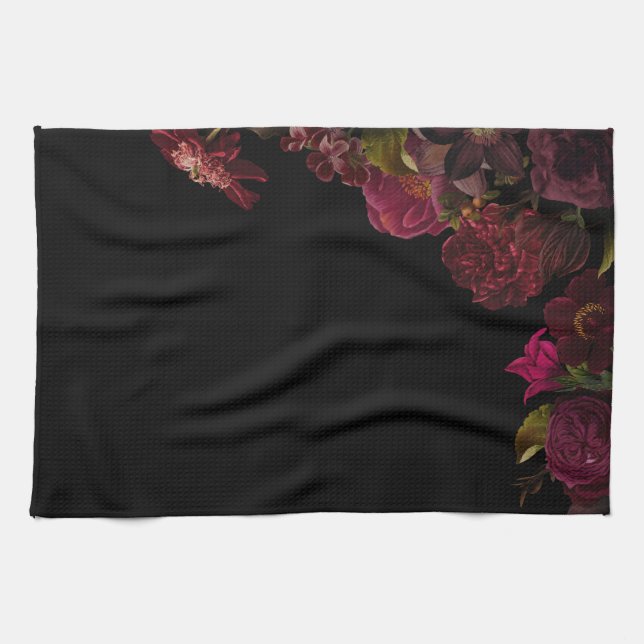 Antique Rose Flowers On Black Kitchen Towel (Horizontal)