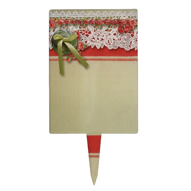 Antique Rose Lace Rustic Red Victorian Burlap Cake Topper (Front)