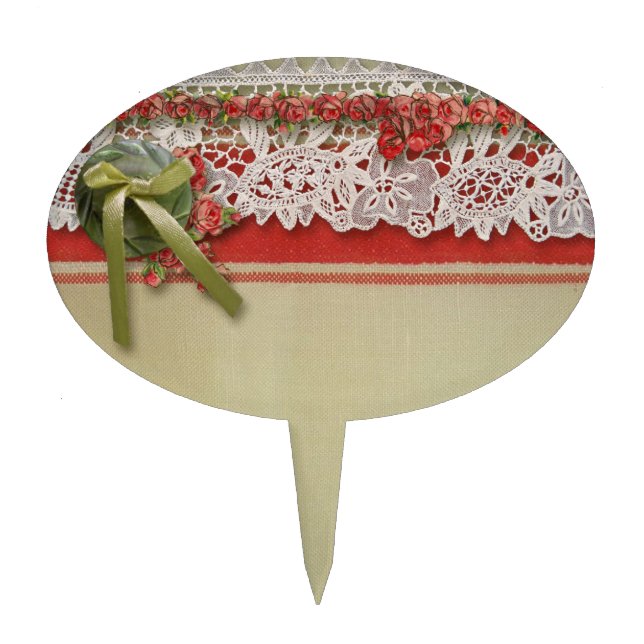 Antique Rose Lace Rustic Red Victorian Burlap Cake Topper (Front)